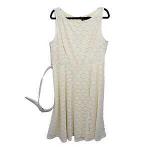 Black Label Evan-Picone Eyelet Lace Knee Length Dress Belted White Yellow Sz 16